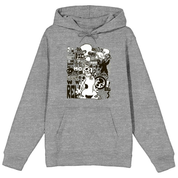 Scooby Doo Cartoon Black and White Print Men's Heather Grey Hooded Sweatshirt-M