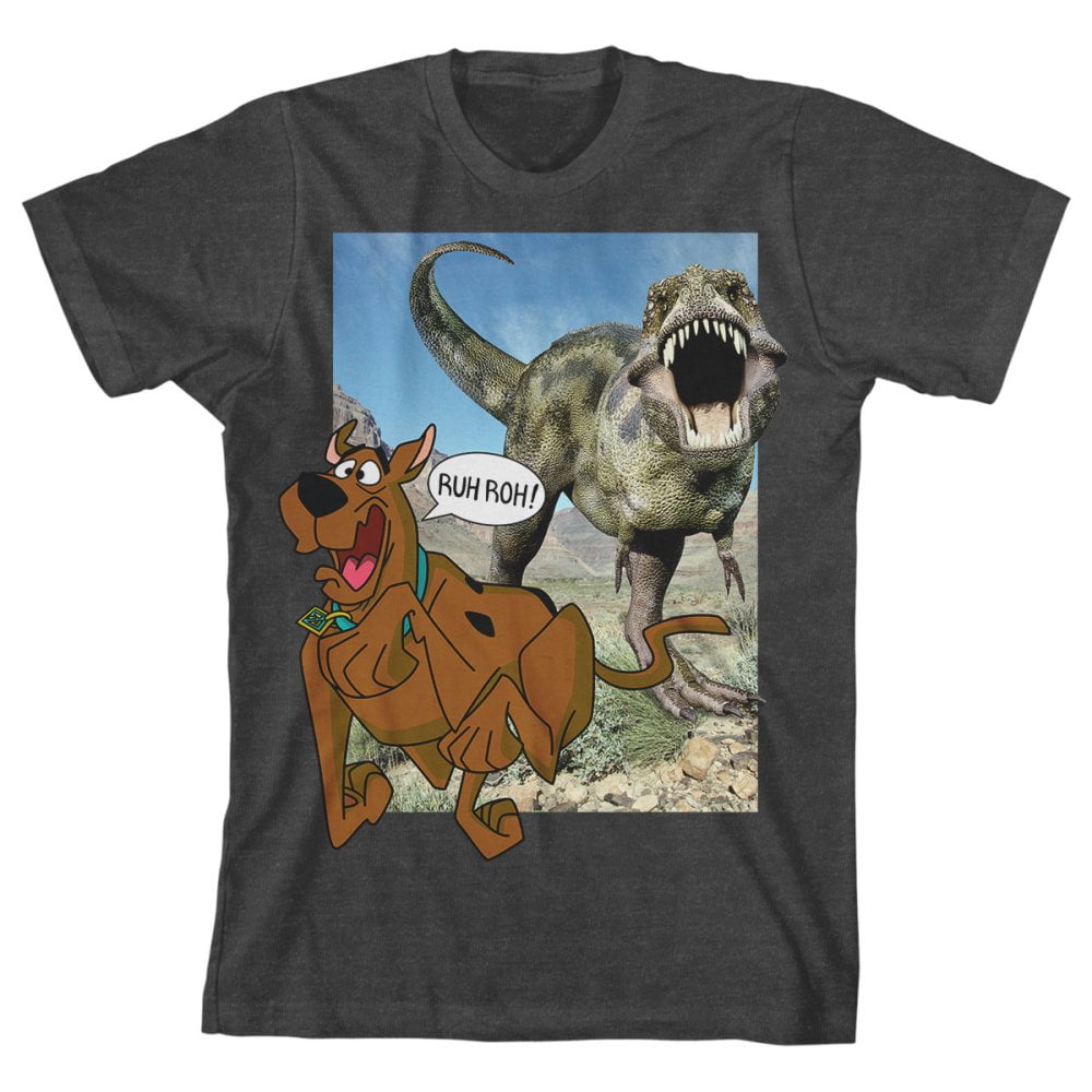 Scooby Doo Chased by a Dino Youth Charcoal Gray Graphic Tee-XL