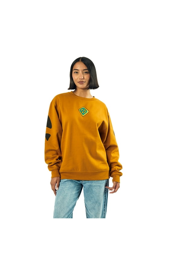 Scooby Doo Dog Tag & Spots Women's Brown Crew Neck Long Sleeve Oversized Fleece Sweatshirt-Small