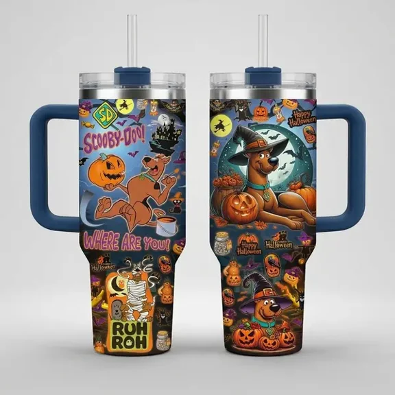 Scooby-Doo Fan Favorite Theme 40oz Insulated Tumbler with Handle & Straw, Stainless Steel Vacuum Travel Mug, Reusable Hot Cold Drink Cup, Fan Gift