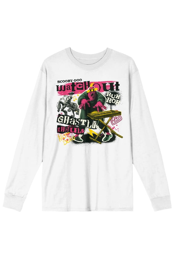 Scooby Doo Ghastly Ghouls Piano Crew Neck Long Sleeve Adult White Tee-Large
