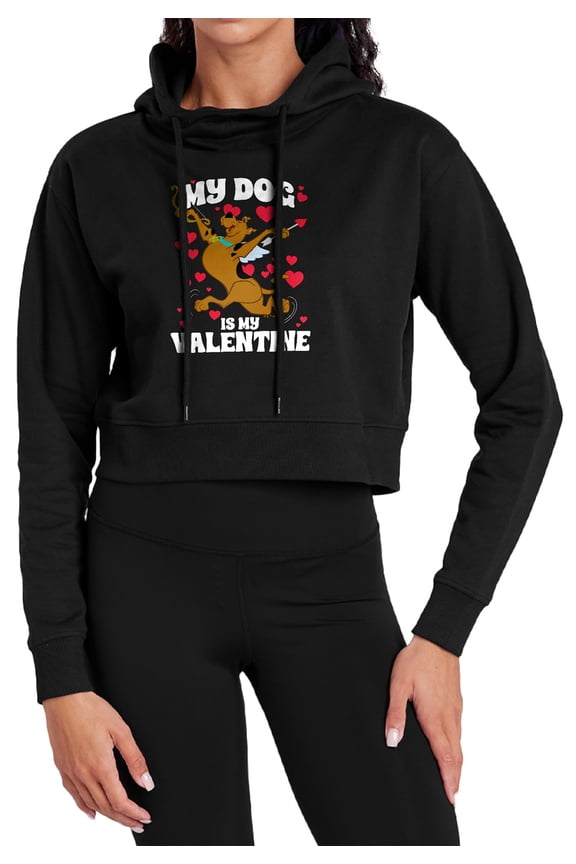 My Dog is My Valentine Women's Cropped Hoodie Pullover Sweatshirt, Black, 2X-Large
