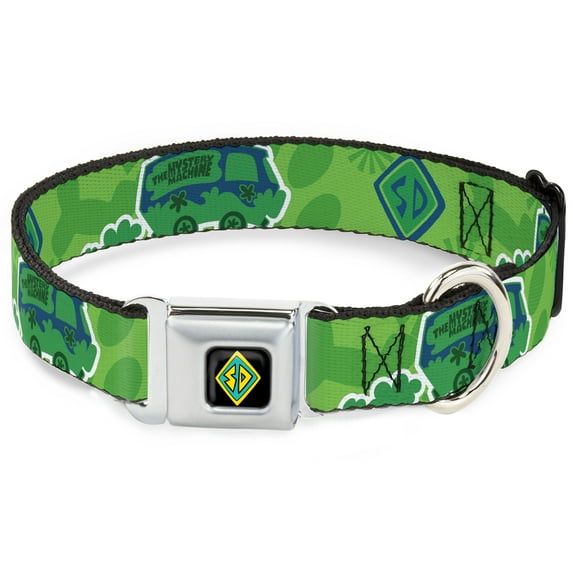 Scooby Doo Pet Collar, Dog Collar Metal Seatbelt Buckle, Scooby Doo Mystery Machine Dog Tag Collage Greens Blues, 13 to 17 Inches 1.5 Inch Wide