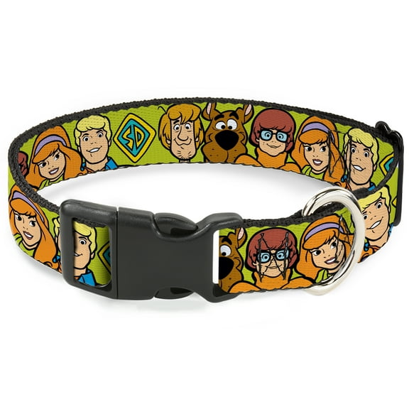 Scooby Doo Pet Collar, Dog Collar Plastic Buckle, Scooby Doo Character Faces Close Up Green, 7 to 8.5 Inches 0.5 Inch Wide
