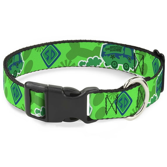 Scooby Doo Pet Collar, Dog Collar Plastic Buckle, Scooby Doo Mystery Machine Dog Tag Collage Greens Blues, 13 to 17 Inches 1.5 Inch Wide