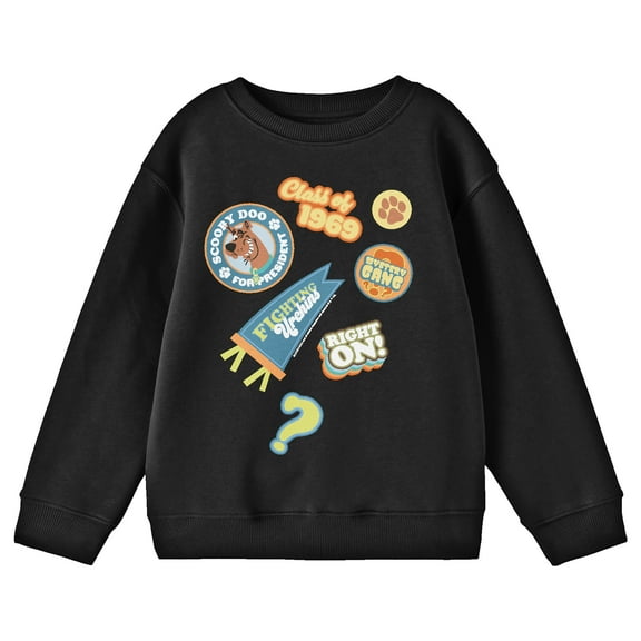 Scooby Doo Random Badges Youth Black Crew Neck Sweatshirt-XS