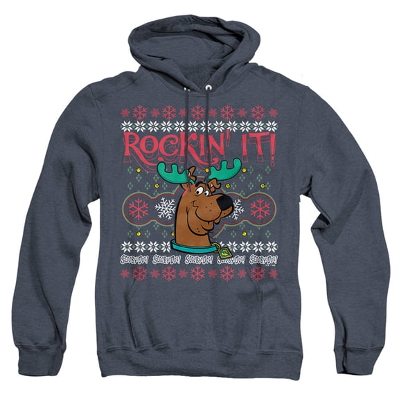 Scooby Doo! Rockin' It Ugly Christmas Unisex Adult Pull-Over Heather Hoodie,Navy, 2X-Large