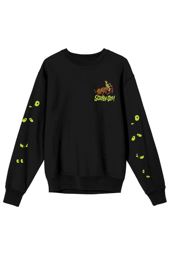 Scooby Doo Scared Scooby And Shaggy Green Eye Sleeves Crew Neck Long Sleeve Men's Black Sweatshirt-Large