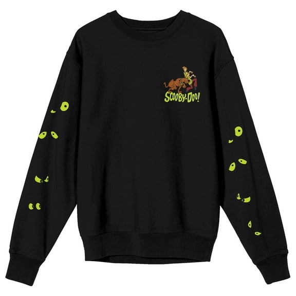 Scooby Doo Scared Scooby And Shaggy Green Eye Sleeves Crew Neck Long Sleeve Men's Black Sweatshirt-XXL