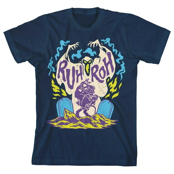 Scooby Doo Scooby and Shaggy with Spooky Ghost Youth Navy Blue Graphic Tee-Medium