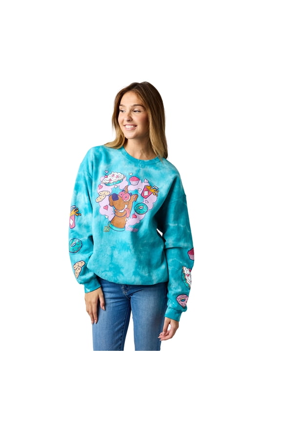 Scooby Doo Snacks Women's Blue Cloud Wash Crew Neck Long Sleeve Fleece Sweatshirt -Large