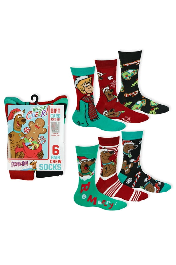Scooby Doo Sock Men's Holiday 6 Pair Christmas Crew Socks and Holiday Card Set Fits Shoe Size 6-12