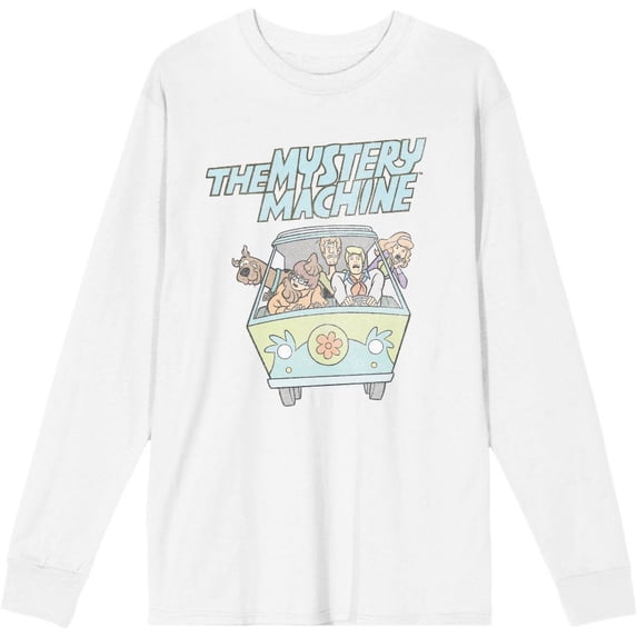 Scooby Doo The Mystery Machine Adult White Crew Neck Long Sleeve Tee-XL