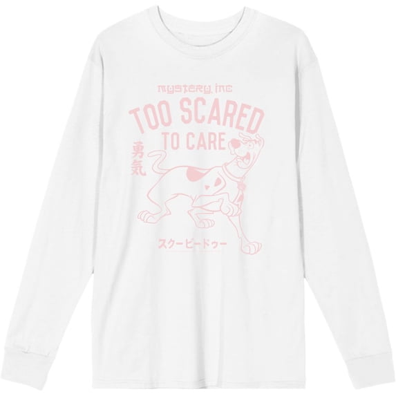 Scooby-Doo Too Scared To Care Adult White Crew Neck Long Sleeve Tee-Medium