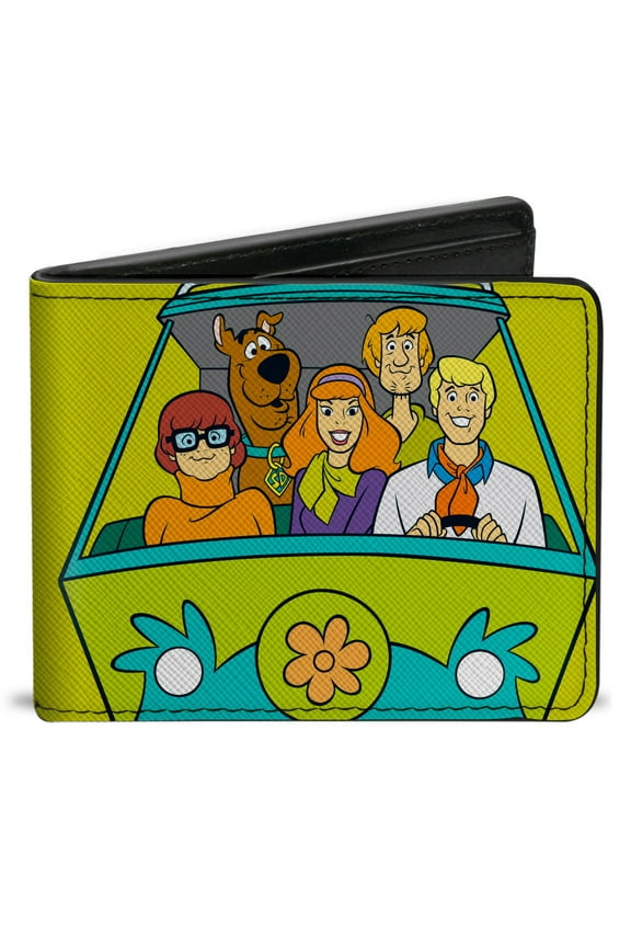 Scooby Doo Wallet, Bifold, Scooby Doo Group Driving Mystery Machine Front Pose and Text, Vegan Leather