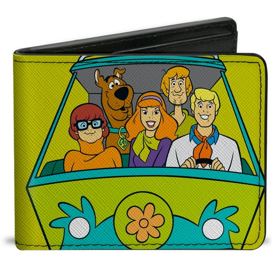 Scooby Doo Wallet, Bifold, Scooby Doo Group Driving Mystery Machine Front Pose and Text, Vegan Leather