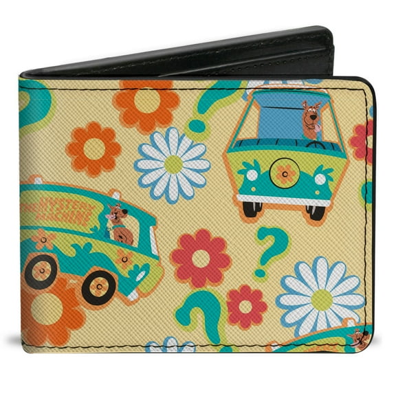 Scooby Doo Wallet, Bifold, Scooby Doo Mystery Machine and Flowers Collage Cream, Vegan Leather