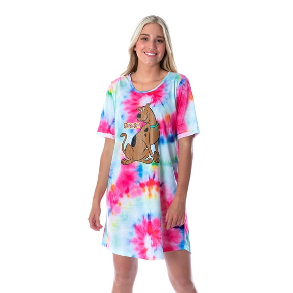 Scooby-Doo Women's Nightgown Cartoon Graphic Print Tie-Dye Pajama Short-Sleeve Nightdress Sleepwear Lounge