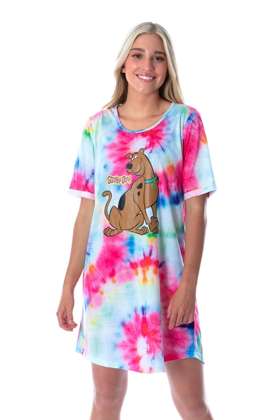 Scooby-Doo Women's Nightgown Cartoon Graphic Print Tie-Dye Pajama Short-Sleeve Nightdress Sleepwear Lounge
