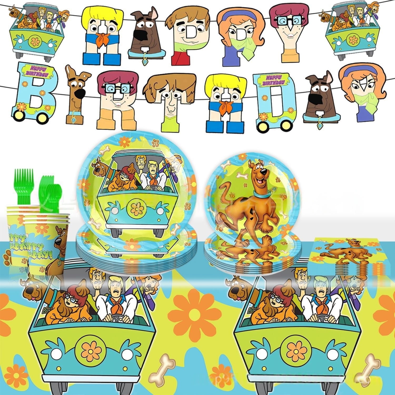 Scooby-Doo birthday party decoration supplies,Scooby-Doo party supplies include Scooby-Doo tablecloths, banners, plates, napkins, cups, Scooby-Doo party decorations for girls and kids