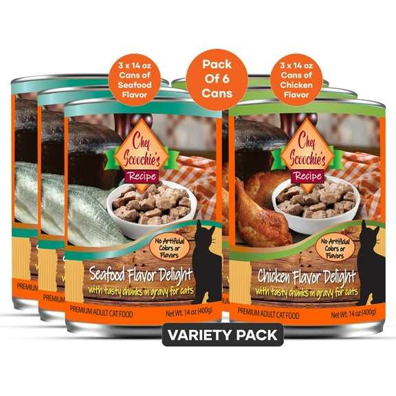 Scoochie Pet Chef Scoochies Recipe Variety Pack With Real Chicken & Seafood in Savory Gravy Wet Cat Food, 14-oz can, case of 6