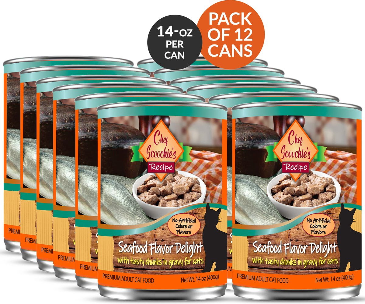 Scoochie Pet Chef Scoochies Recipe With Real Seafood Chunks in Savory Gravy Wet Cat Food, 14-oz can, case of 12