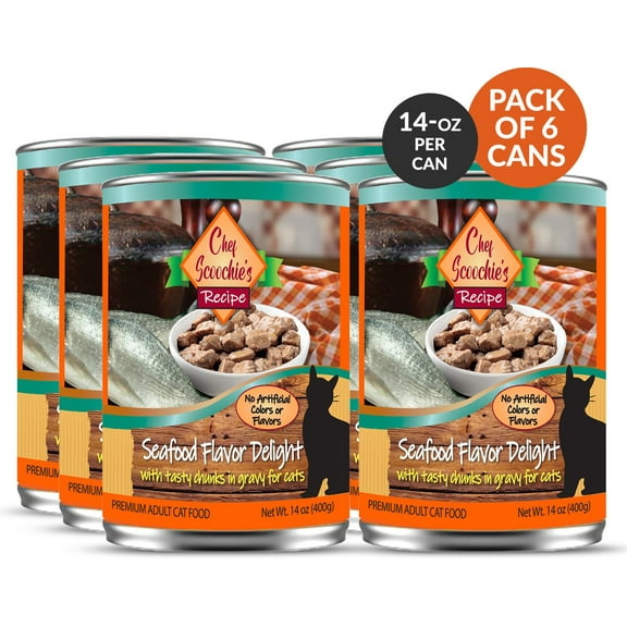 Scoochie Pet Chef Scoochies Recipe With Real Seafood Chunks in Savory Gravy Wet Cat Food, 14-oz can, case of 6
