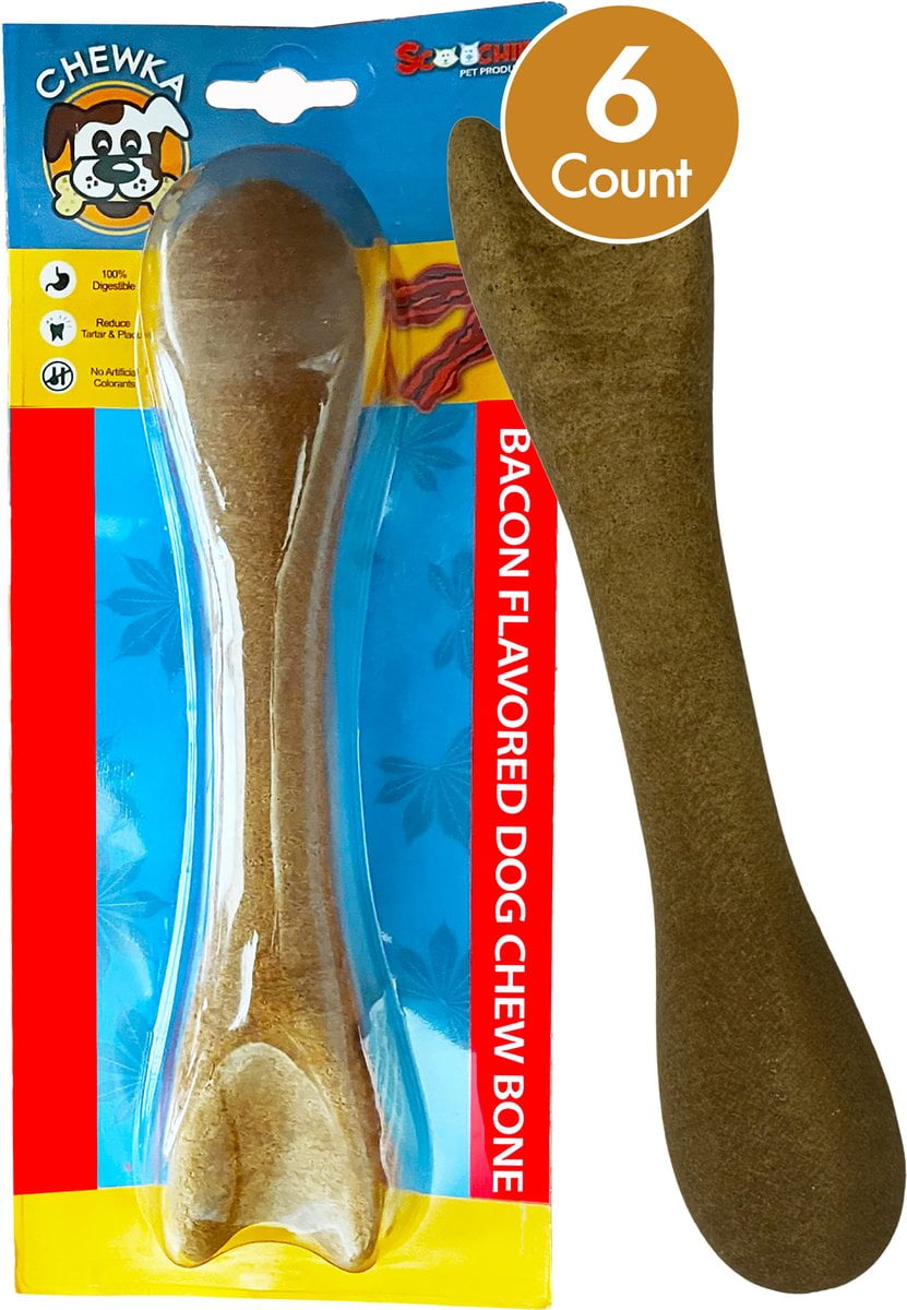 Scoochie Pet Chewka Bacon Flavored Plant-Forward Fully Digestible Dog Chew Bone, Large, 6CT