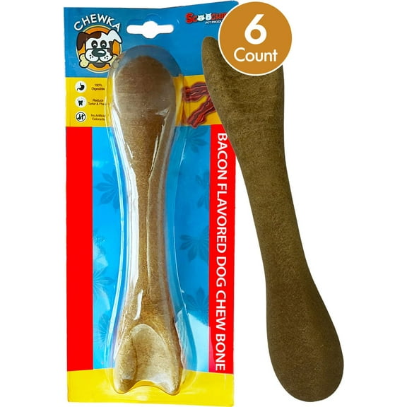 Scoochie Pet Chewka Bacon Flavored Plant-Forward Fully Digestible Dog Chew Bone, Large, 6CT