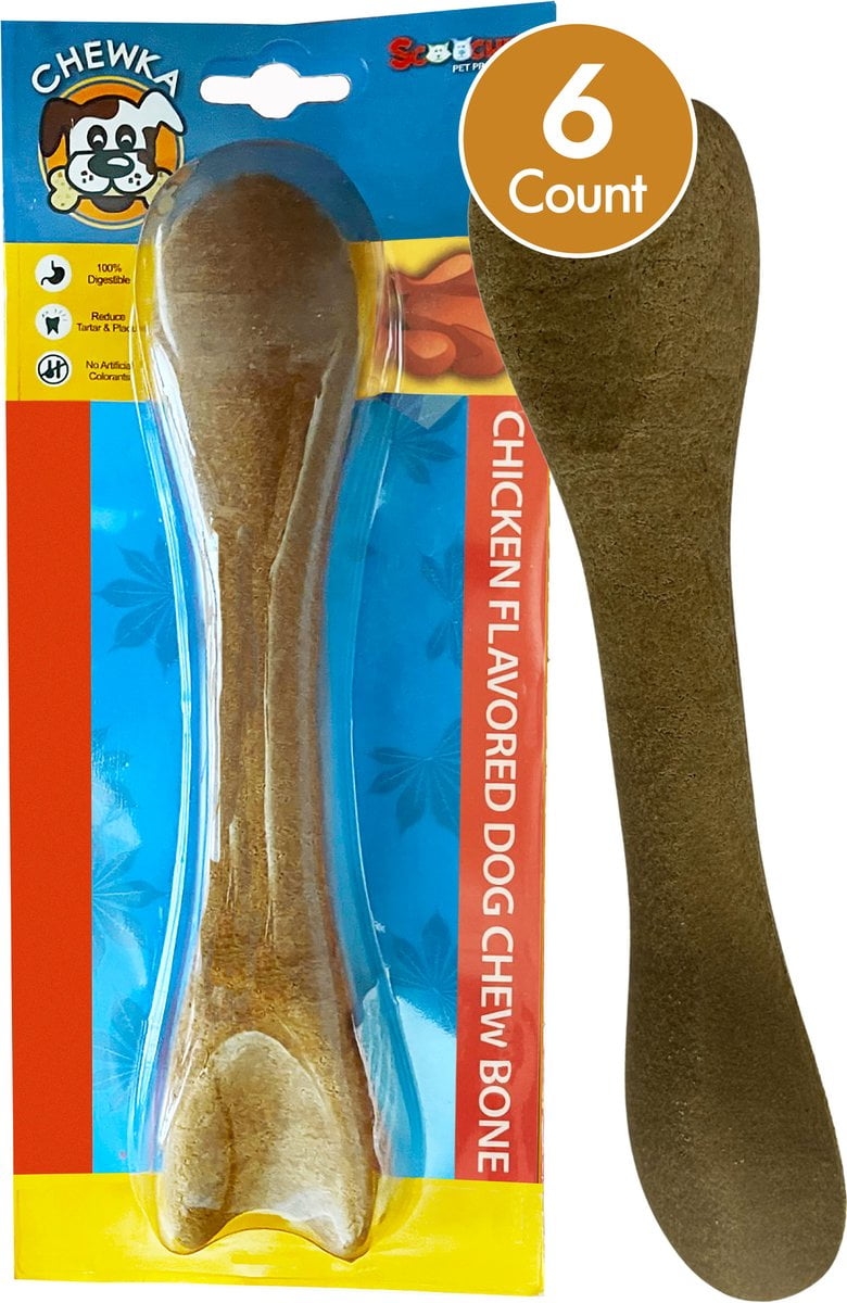 Scoochie Pet Chewka Chicken Flavored Plant-Forward Fully Digestible Dog Chew Bone, Large, 6CT