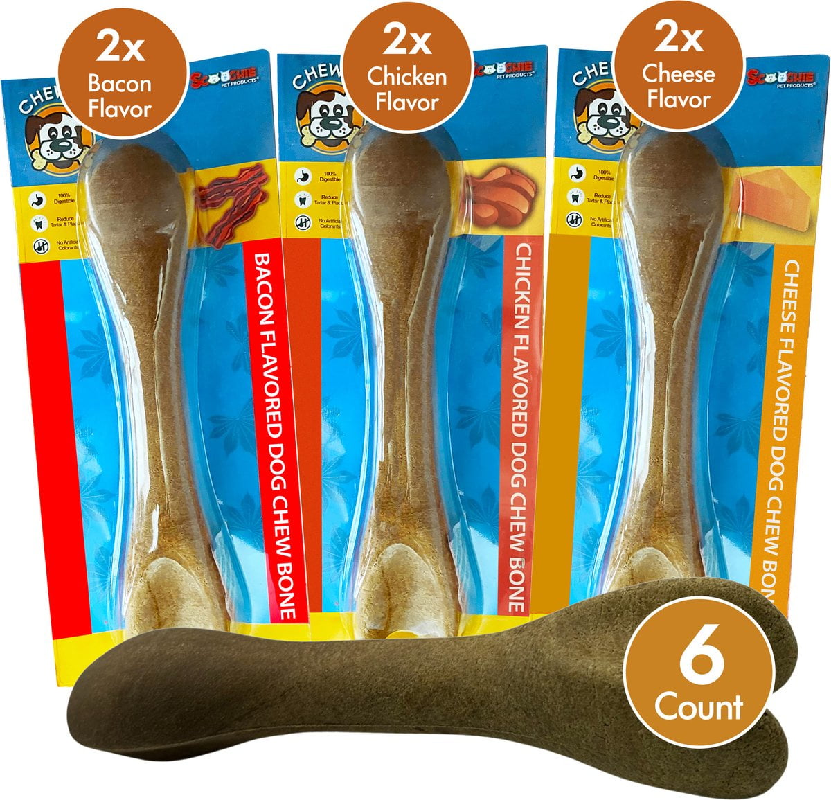 Scoochie Pet Chewka Mixed Variety Pack Bacon, Chicken & Cheese Flavored Plant-Forward Fully Digestible Dog Chew Bone, Large, 6CT