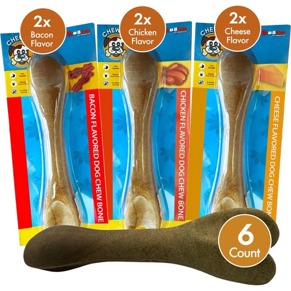 Scoochie Pet Chewka Mixed Variety Pack Bacon, Chicken & Cheese Flavored Plant-Forward Fully Digestible Dog Chew Bone, Large, 6CT