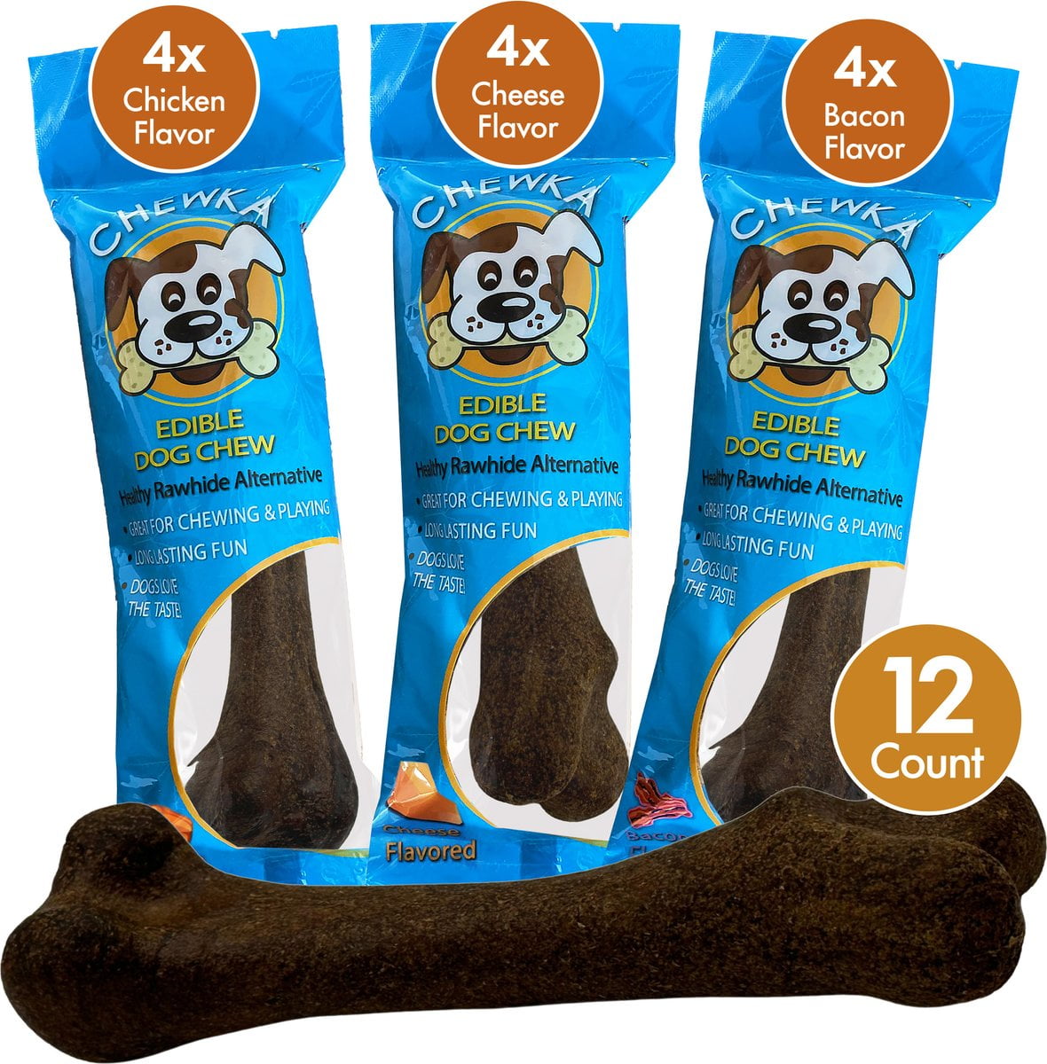 Scoochie Pet Chewka Mixed Variety Pack Bacon, Chicken & Cheese Flavored Plant-Forward Fully Digestible Dog Chew Bone, Medium, 12CT