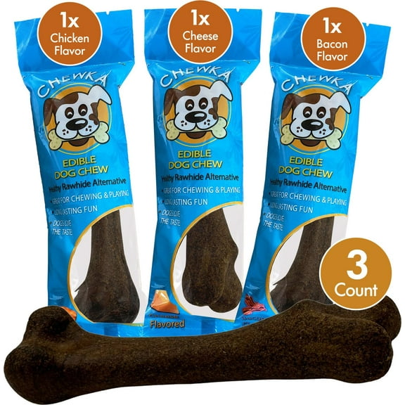 Scoochie Pet Chewka Mixed Variety Pack Bacon, Chicken & Cheese Flavored Plant-Forward Fully Digestible Dog Chew Bone, Medium, 3CT