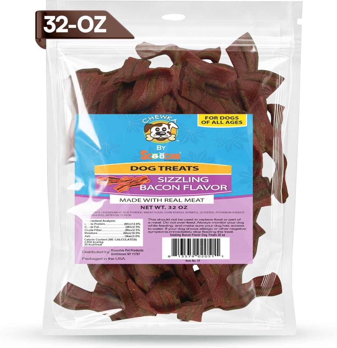 Scoochie Pet Chewka Thick-Cut Real Meat Strips Sizzling Bacon Flavor Dog Treats, 32-oz bag