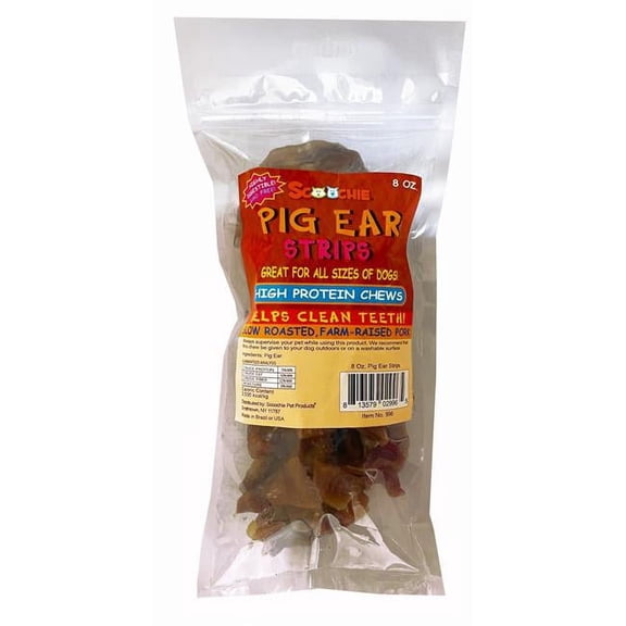 Scoochie Pet Products 996 8 oz Pig Ear Strips Treats in Zip Lock Bag for Dogs