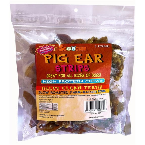 Scoochie Pet Products 997 1 lbs Pig Ear Strips Treats in Zip Lock Bag for Dogs