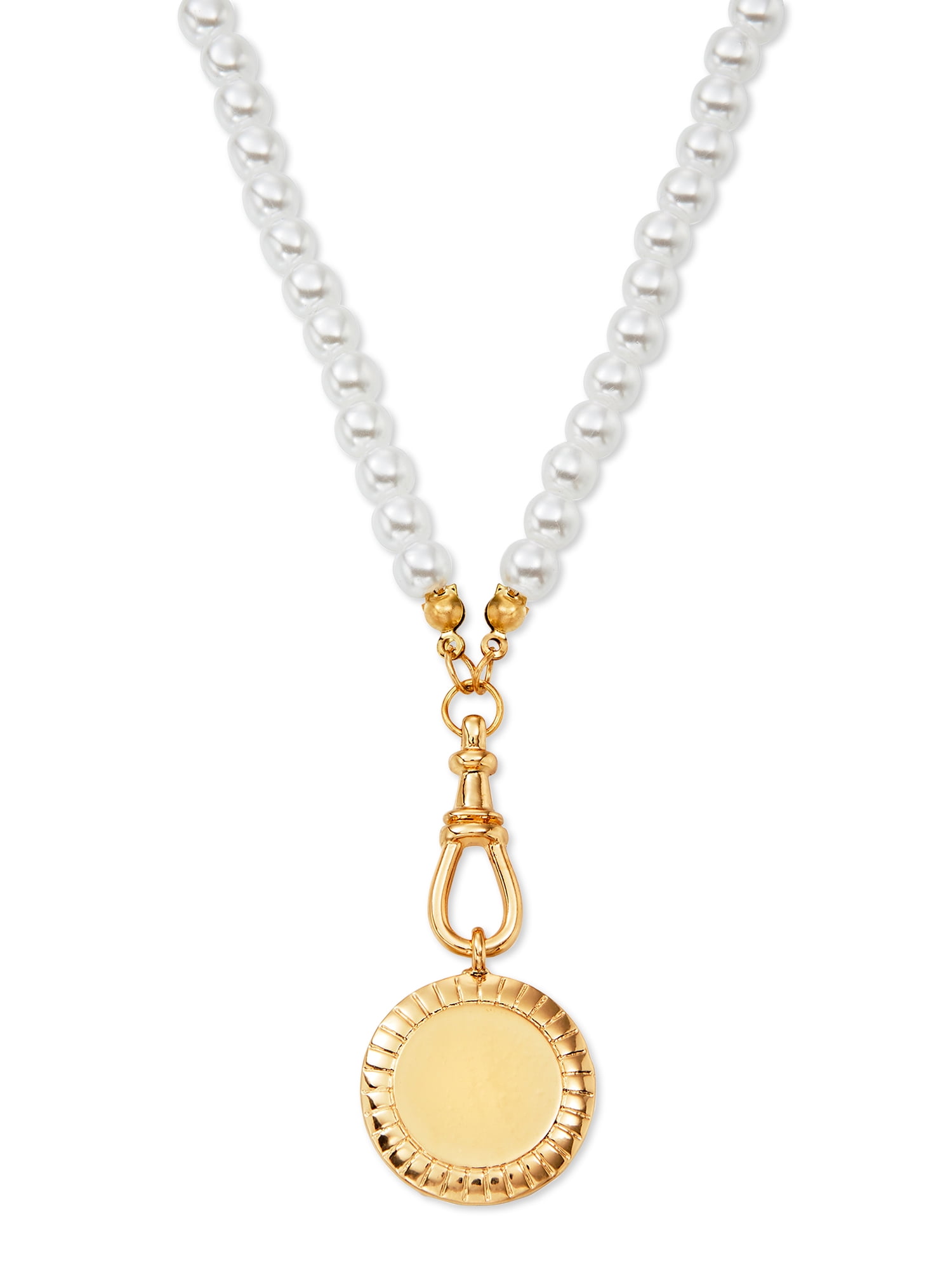Scoop 14KT Gold Flash Plated Brass Disc Necklace with Imitation Pearl, 17" + 2" Extender
