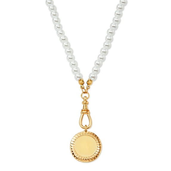 Scoop 14KT Gold Flash Plated Brass Disc Necklace with Imitation Pearl, 17" + 2" Extender