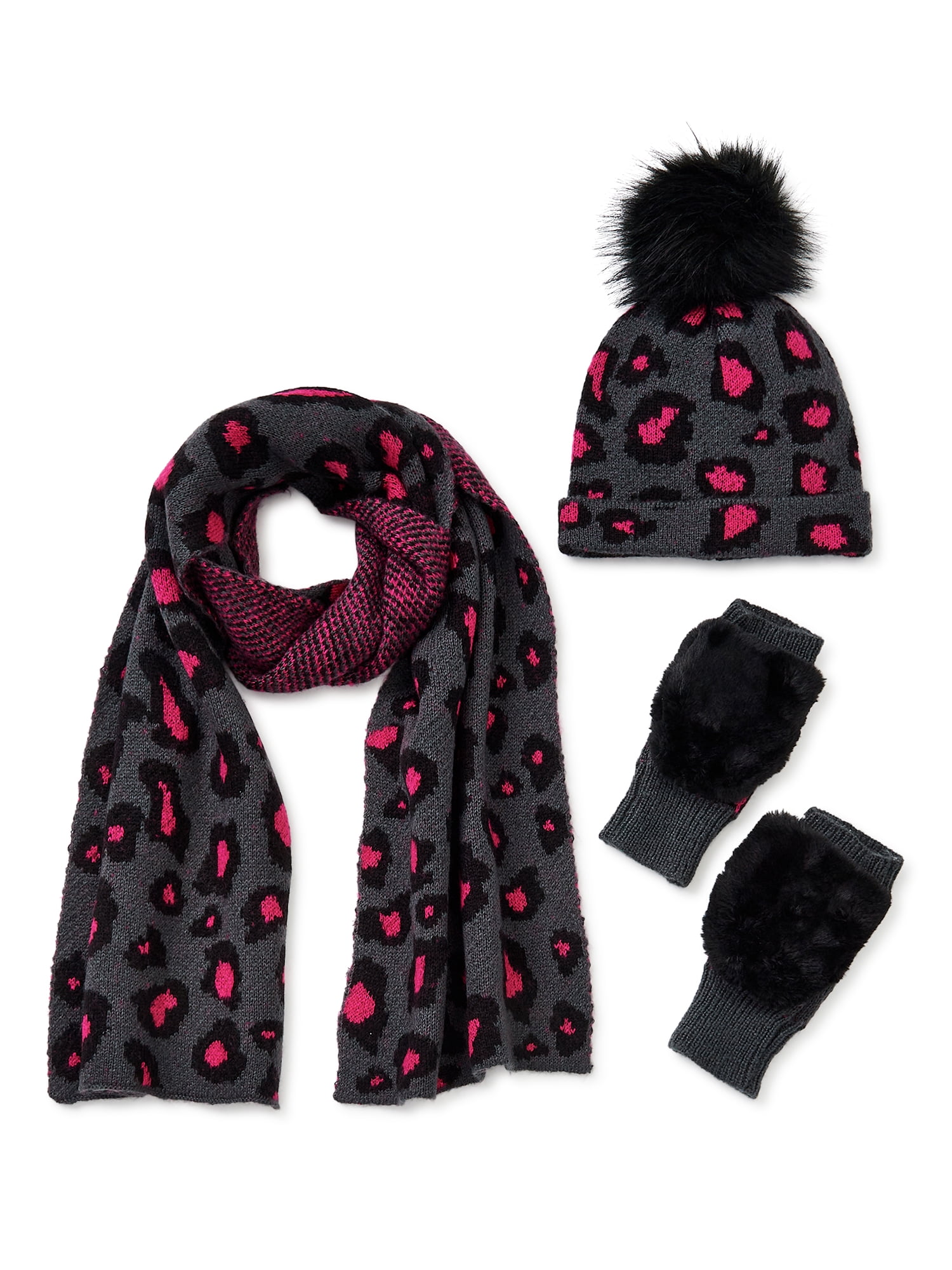 Scoop Adult Female Glam Faux Mohair Cheetah Beanie, Flip Top Mittens & Scarf