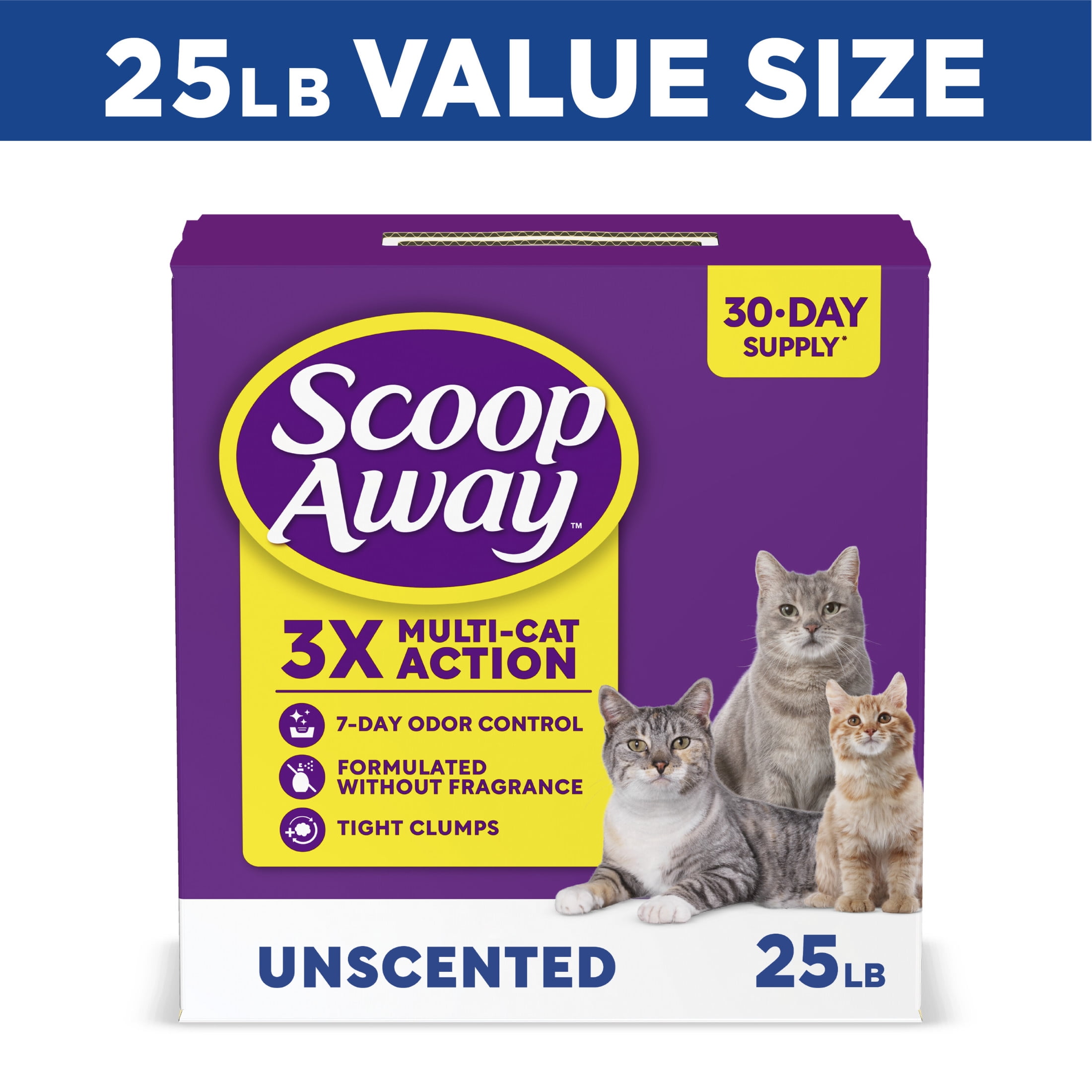 Scoop Away Super Clump Cat Litter, 25 lbs, Unscented, Instant Odor