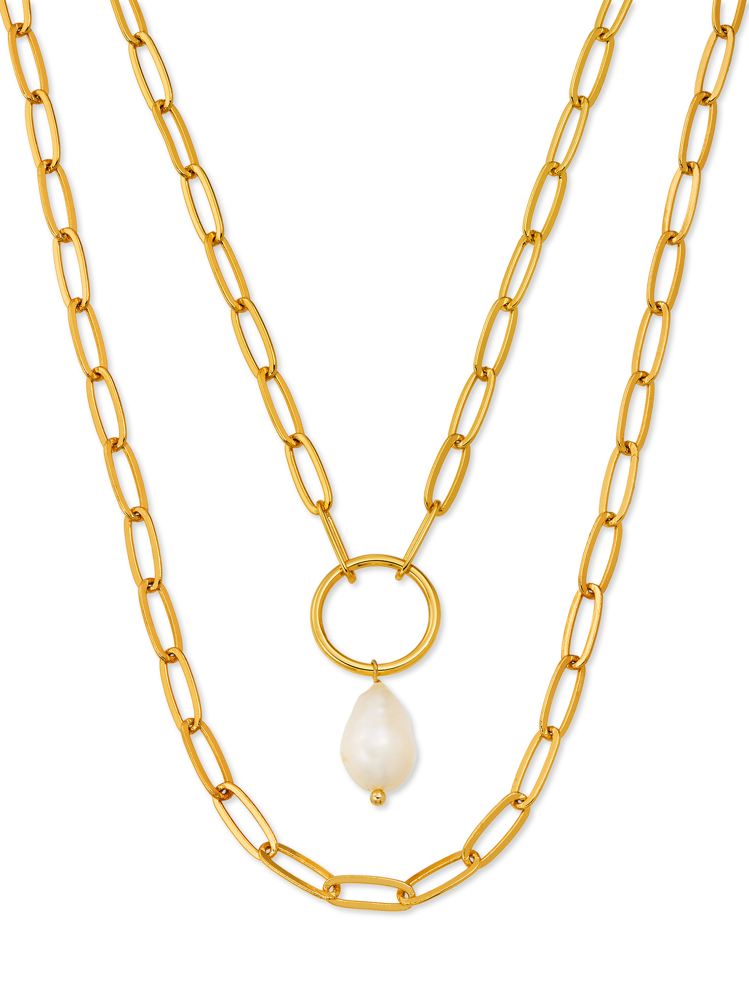 Scoop Brass Yellow Gold-Plated Layered Imitation Pearl Link Necklace, 15" + 3" Extender - image 1 of 4