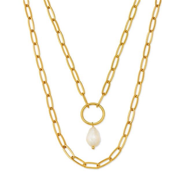 Scoop Brass Yellow Gold-Plated Layered Imitation Pearl Link Necklace, 15" + 3" Extender