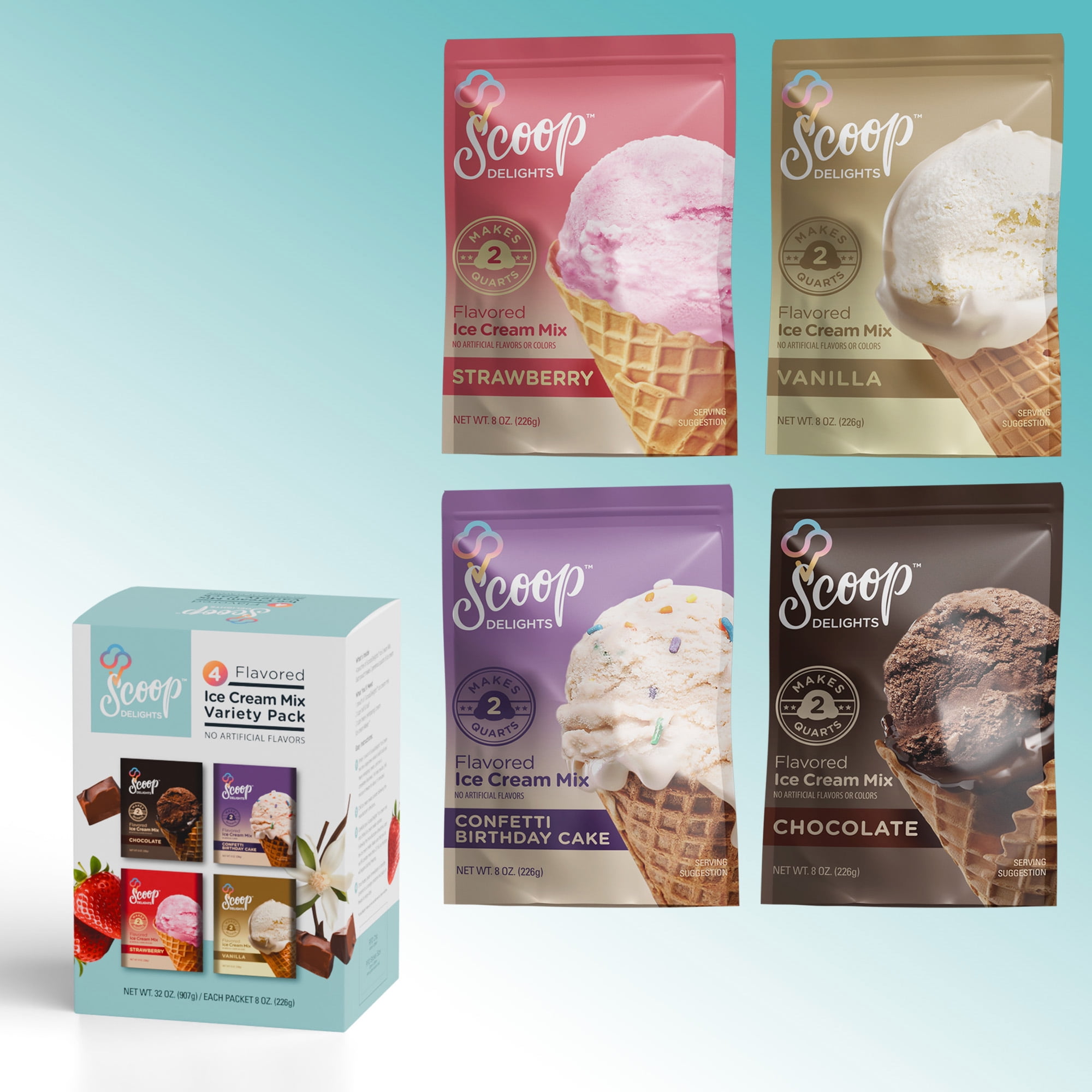 Scoop Delights Ice Cream Powder Mix 4 8oz Assorted Flavor Pouches, 32oz, 48 Servings Total, for