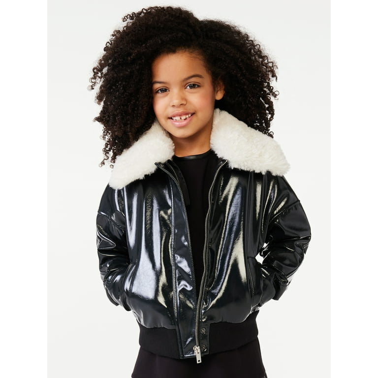 Scoop Girls Faux Leather Bomber Jacket with Faux Fur Collar, Sizes 4-16