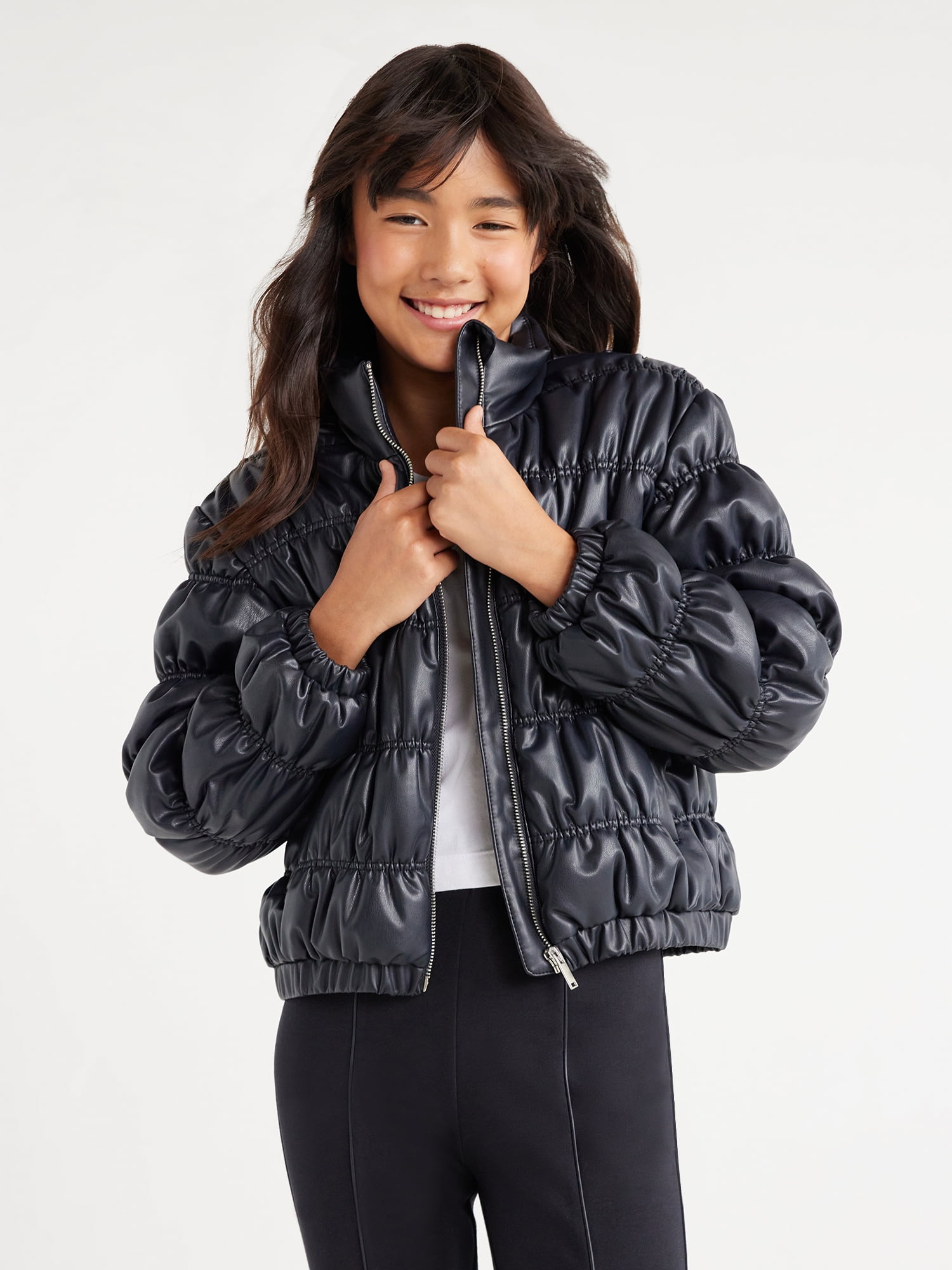 Scoop Girls Faux Leather Ruched Puffer Jacket, Sizes 4-18 - Walmart.com