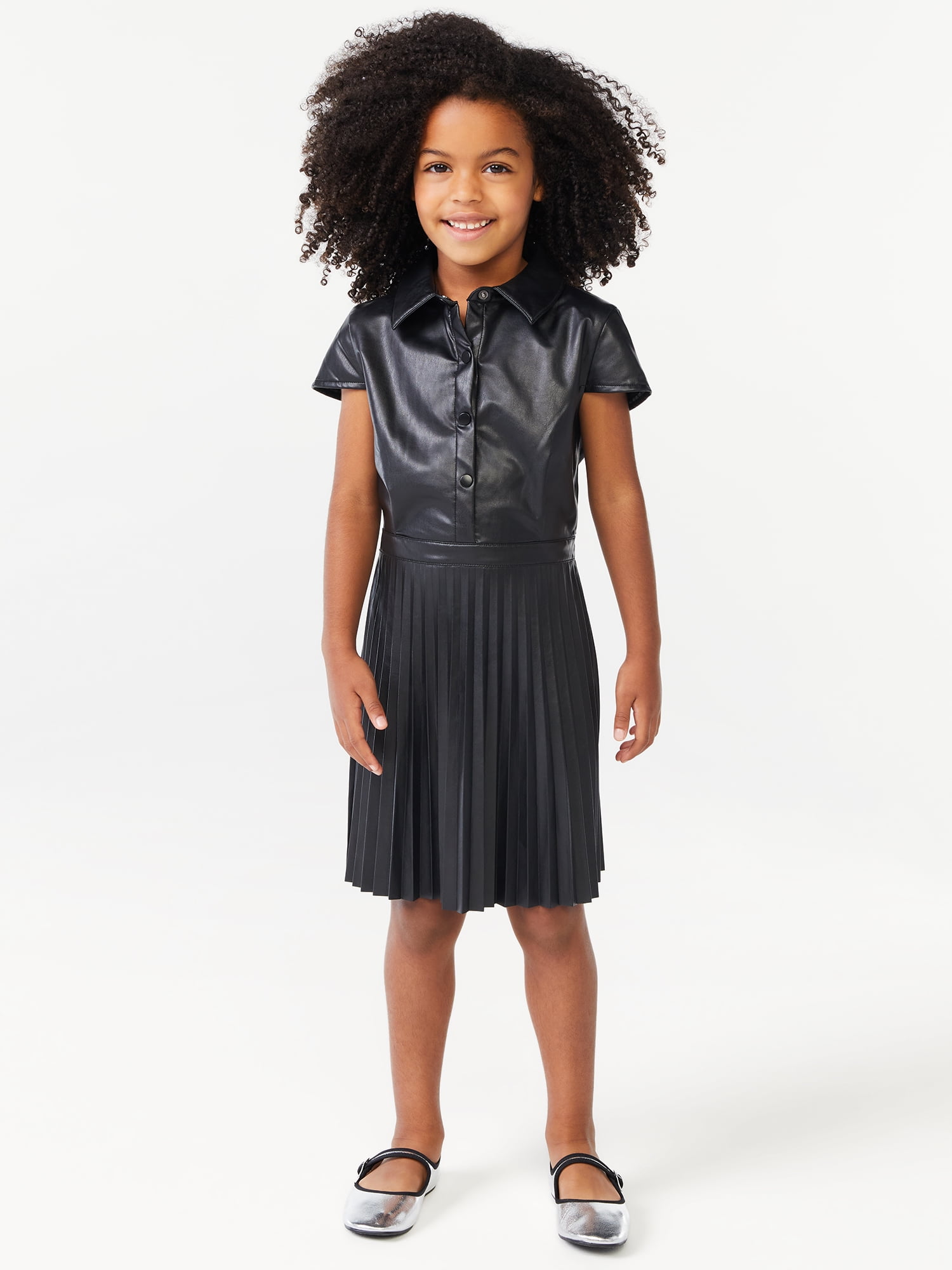 Scoop Girls Short Sleeve Pleated Faux Leather Dress, Sizes 4-12 ...