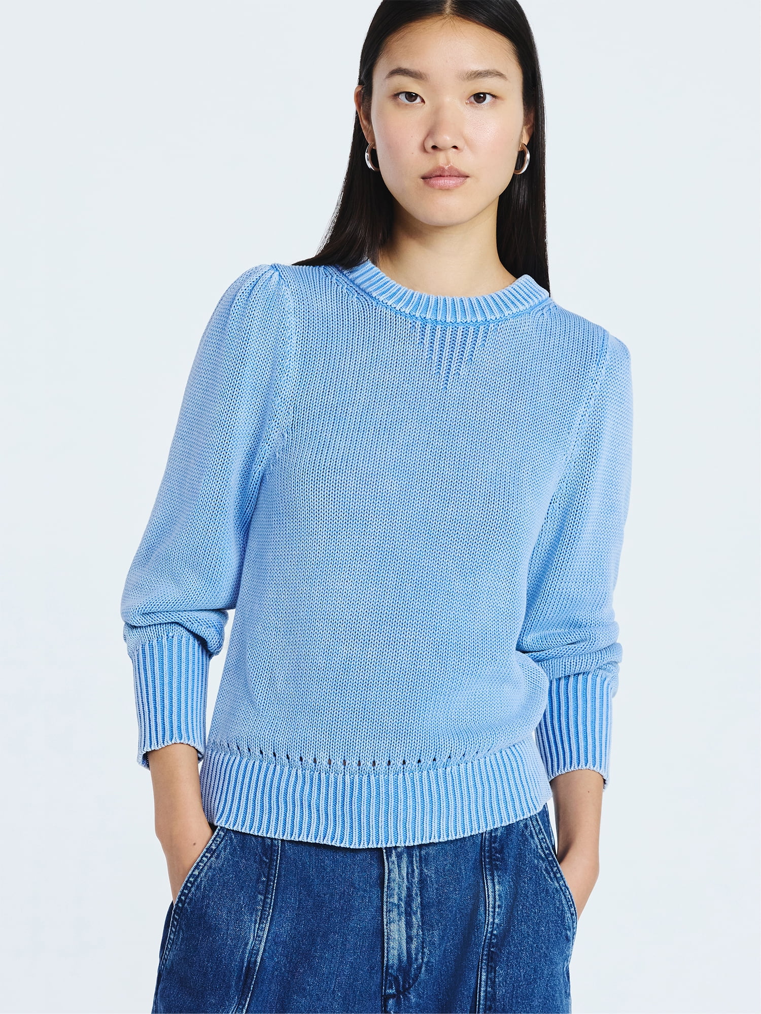 Scoop Women’s Acid Wash Cotton Sweater with Long Puff Sleeves, Midweight, Sizes XS-XXL