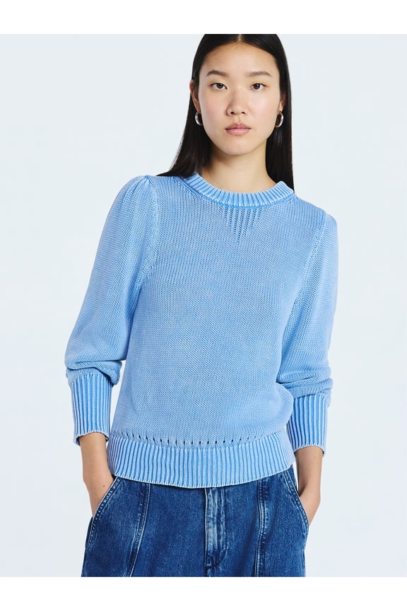 Women’s Acid Wash Cotton Sweater with Long Puff Sleeves, Midweight, Sizes XS-XXL