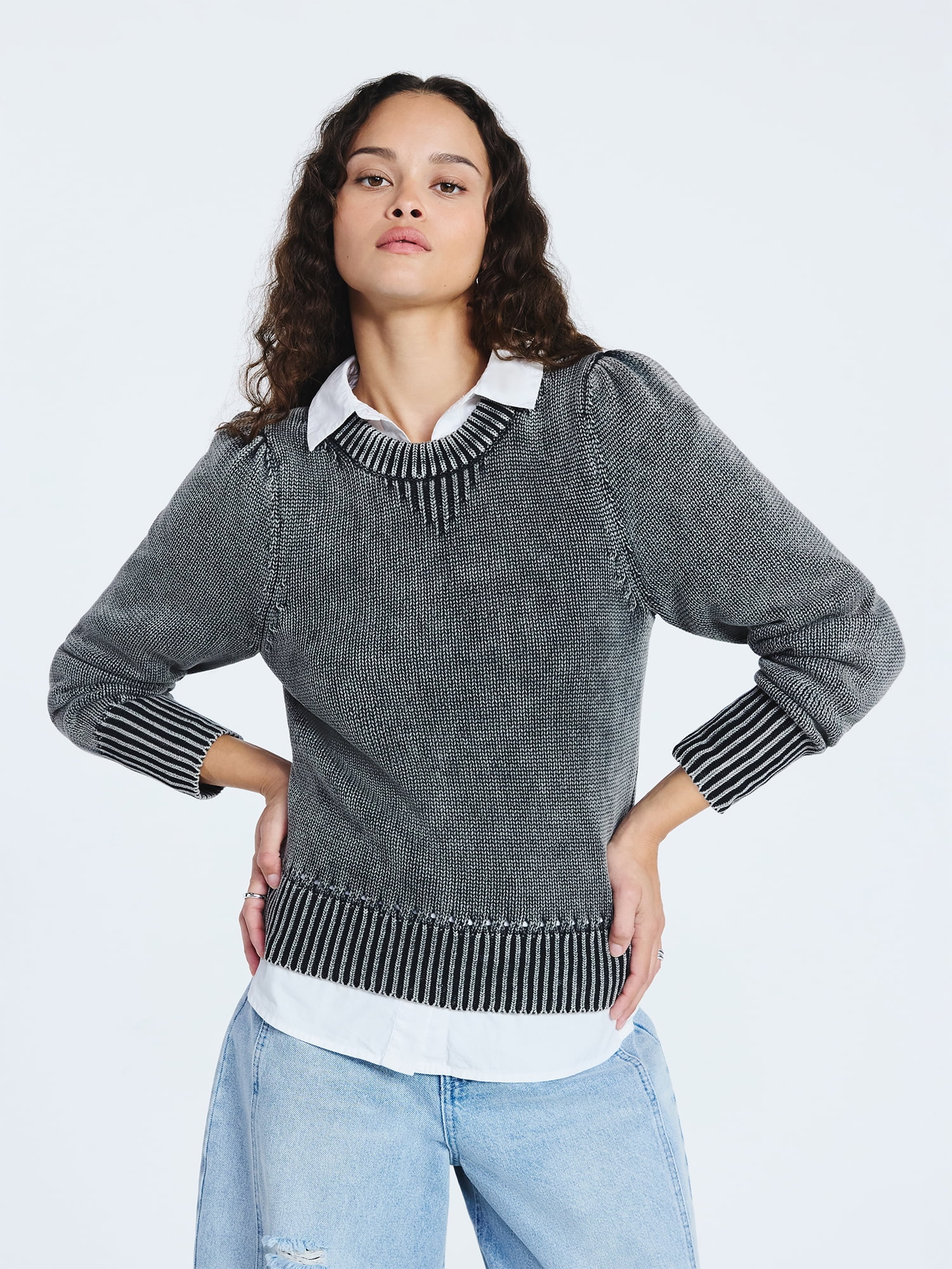 Scoop Women’s Acid Wash Cotton Sweater with Long Puff Sleeves, Midweight, Sizes XS-XXL